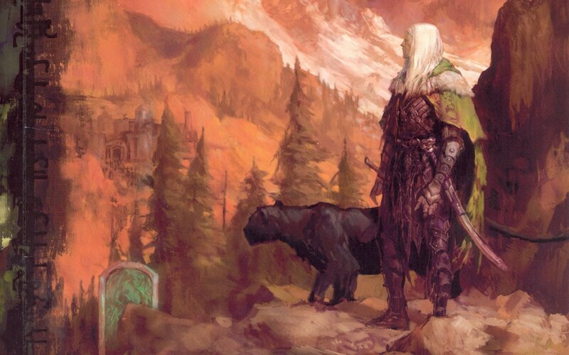 warrior with wolf in mountains