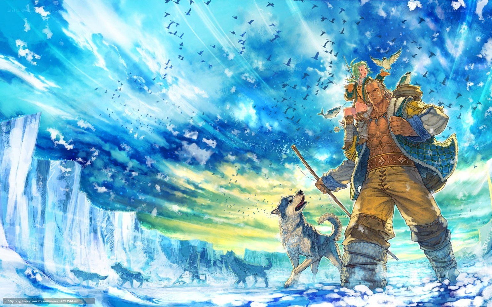 Warrior with wolf in snowy landscape