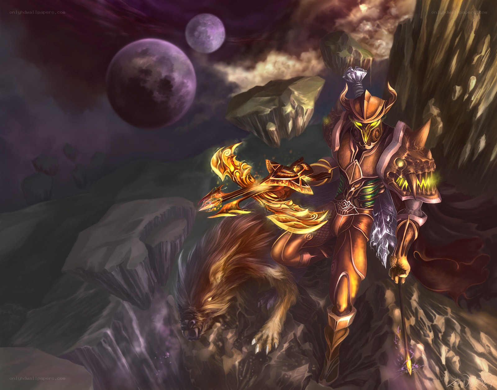 warrior with wolf on a cliff