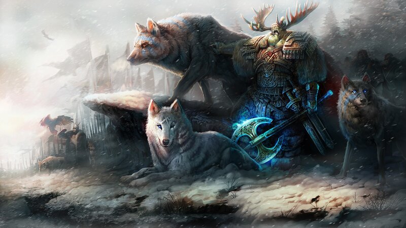 Warrior with Wolves — Gray, Dramatic