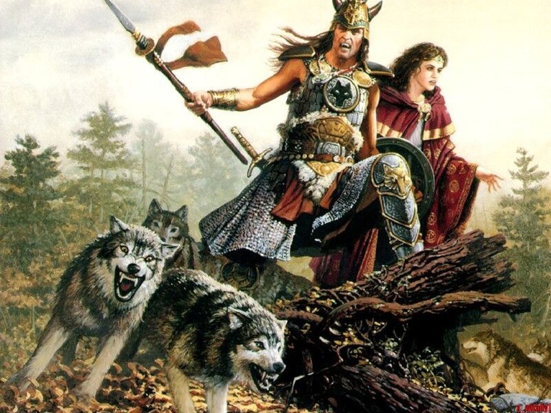 warrior with wolves in forest