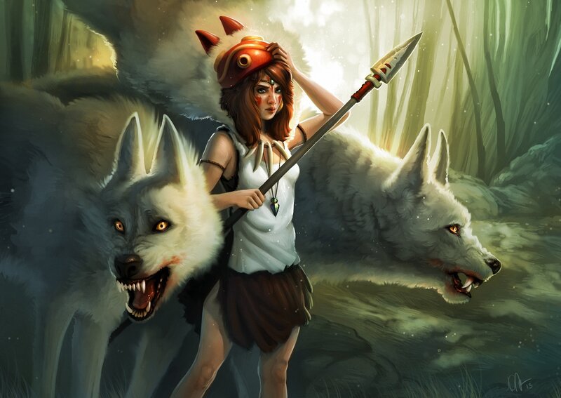 Warrior with wolves in forest