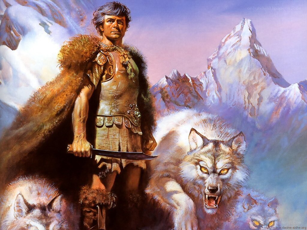 warrior with wolves in mountains