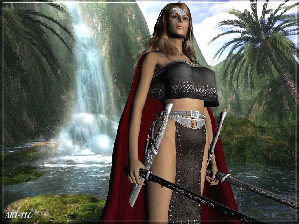 Warrior woman by waterfall