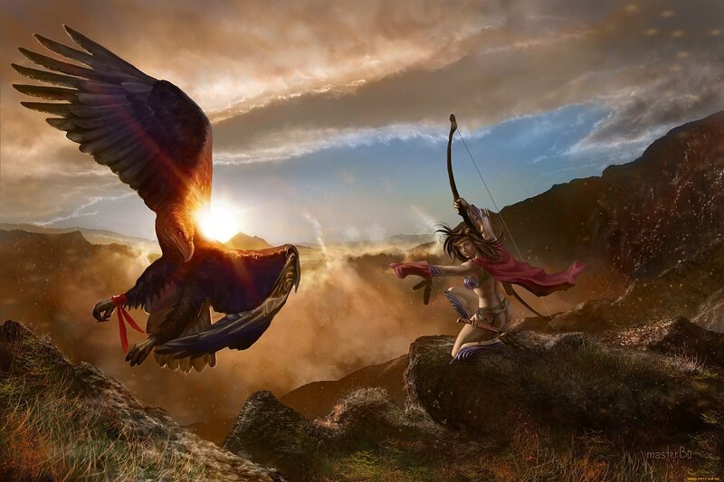 Warrior woman confronts giant eagle