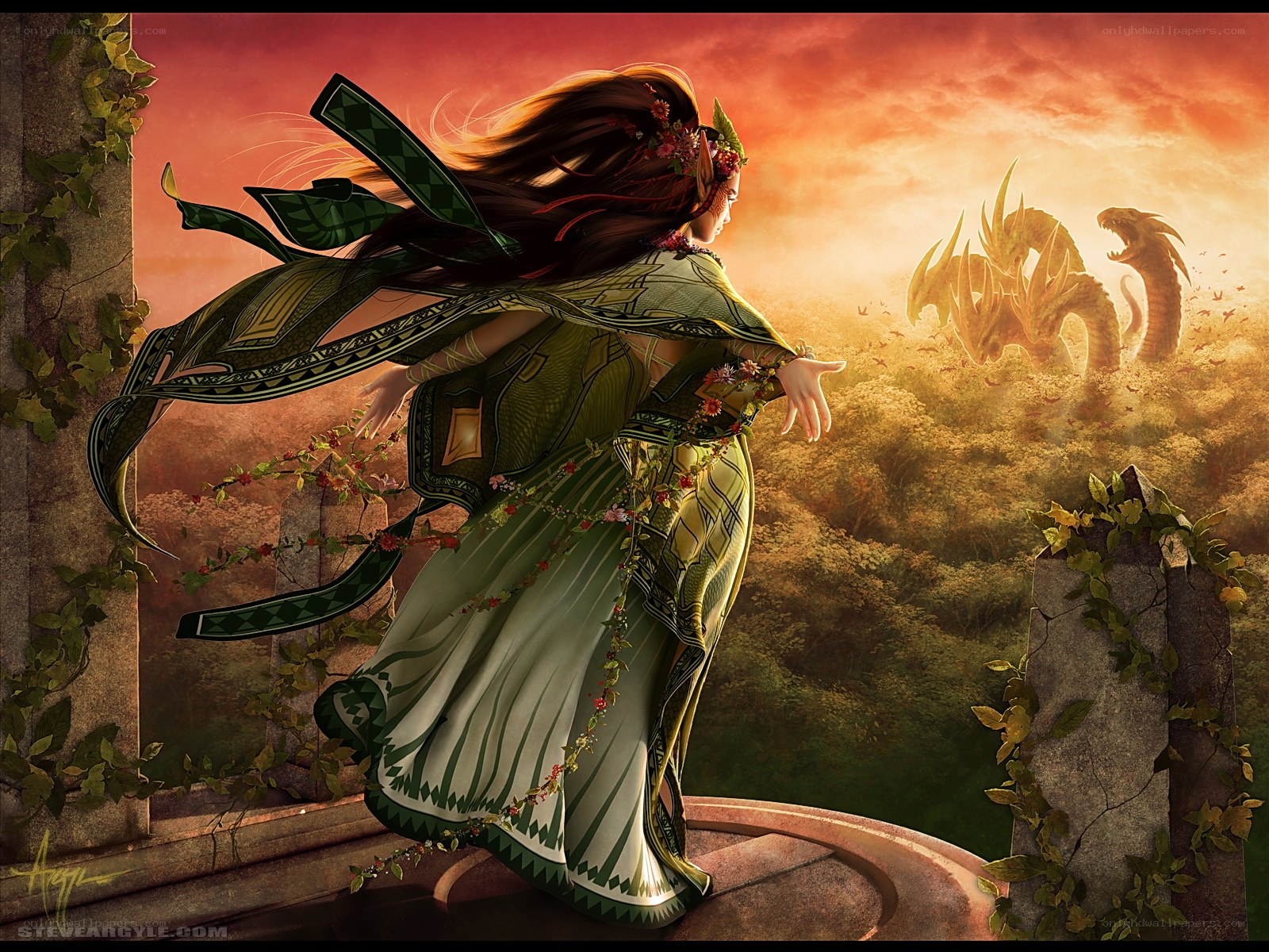 Warrior woman facing a dragon