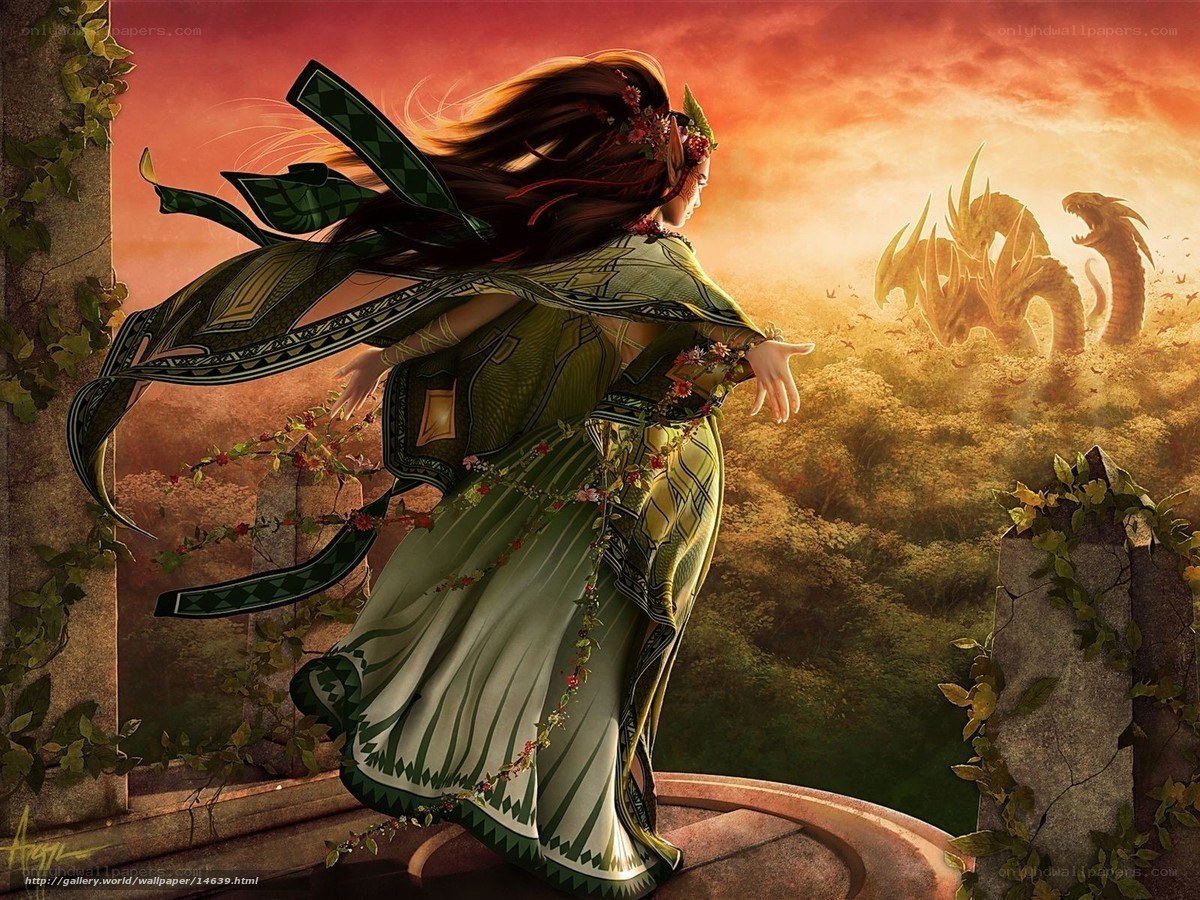 Warrior woman facing dragon