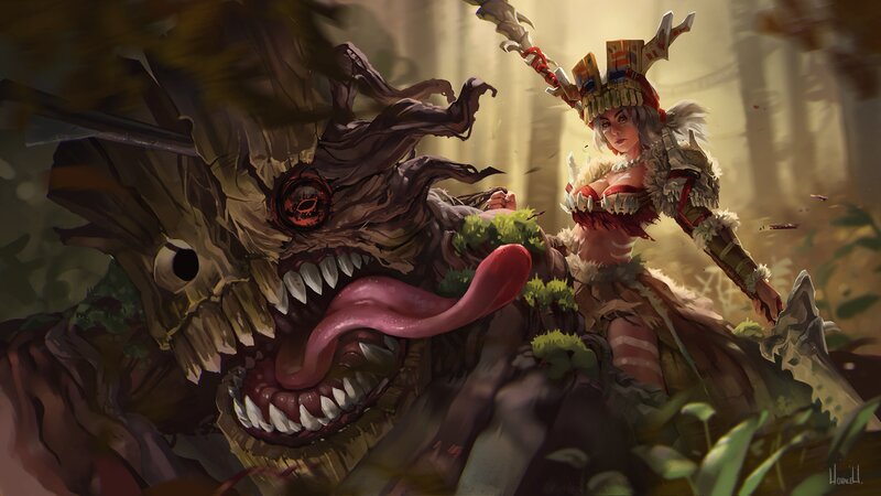Warrior Woman Fighting Monster — Brown