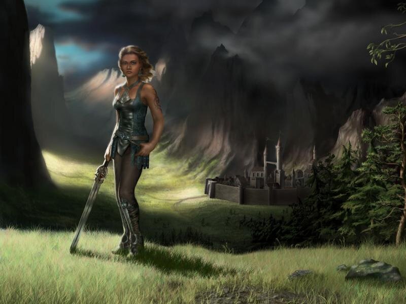 Warrior woman in a fantasy landscape