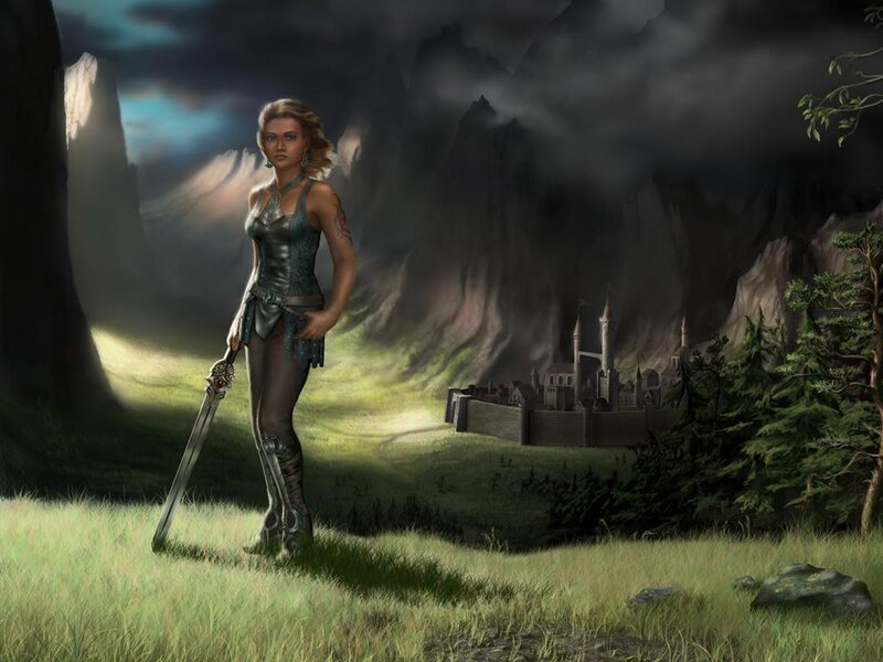 warrior woman in a fantasy landscape