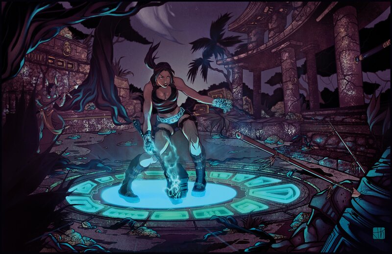 Warrior woman in ancient ruins