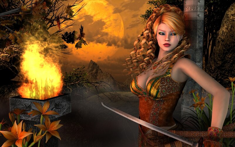 Warrior woman in autumn landscape
