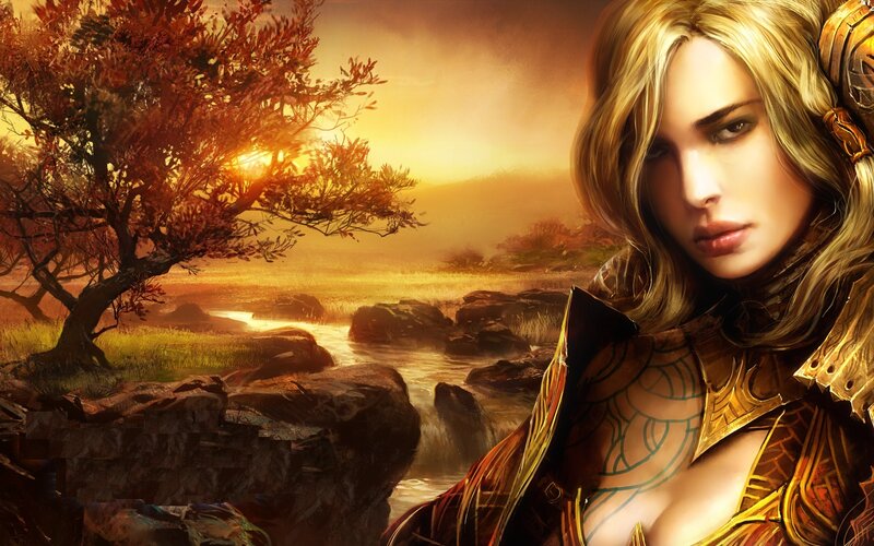 Warrior woman in autumn landscape