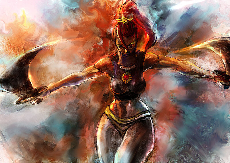 Warrior woman in fiery motion