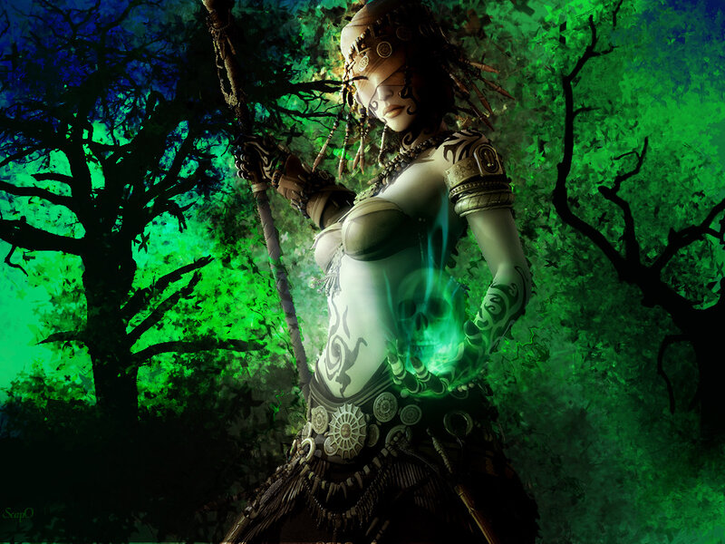Warrior woman in green forest