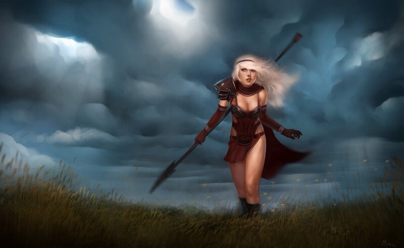 warrior woman in stormy field
