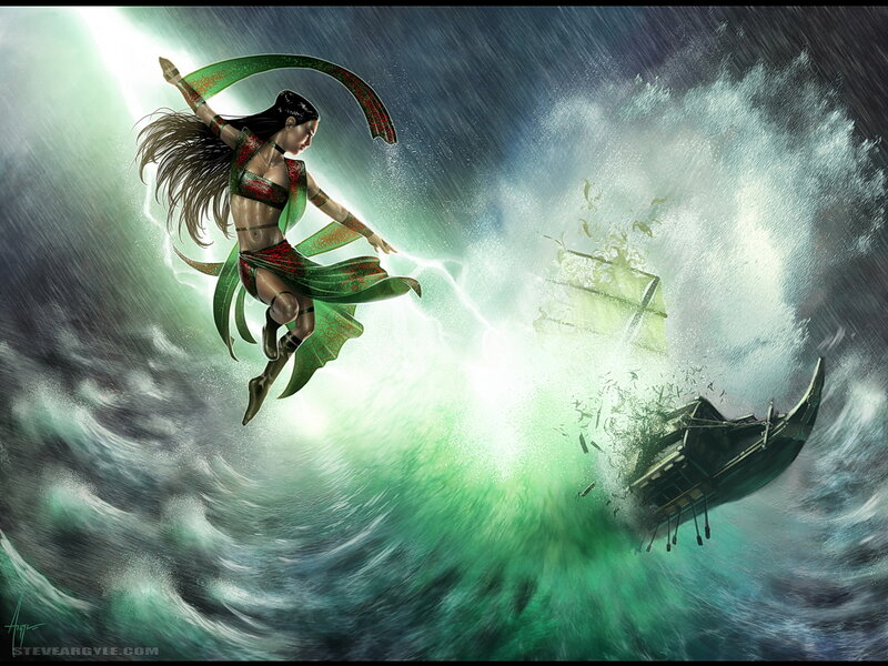 Warrior woman in stormy sea