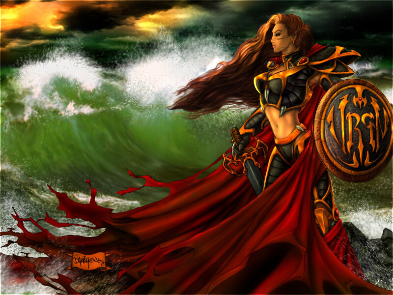 Warrior woman on a stormy shore