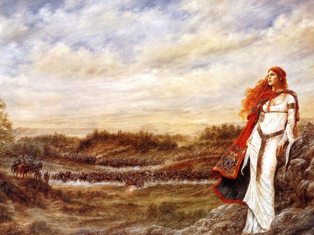 Warrior woman overlooking battle