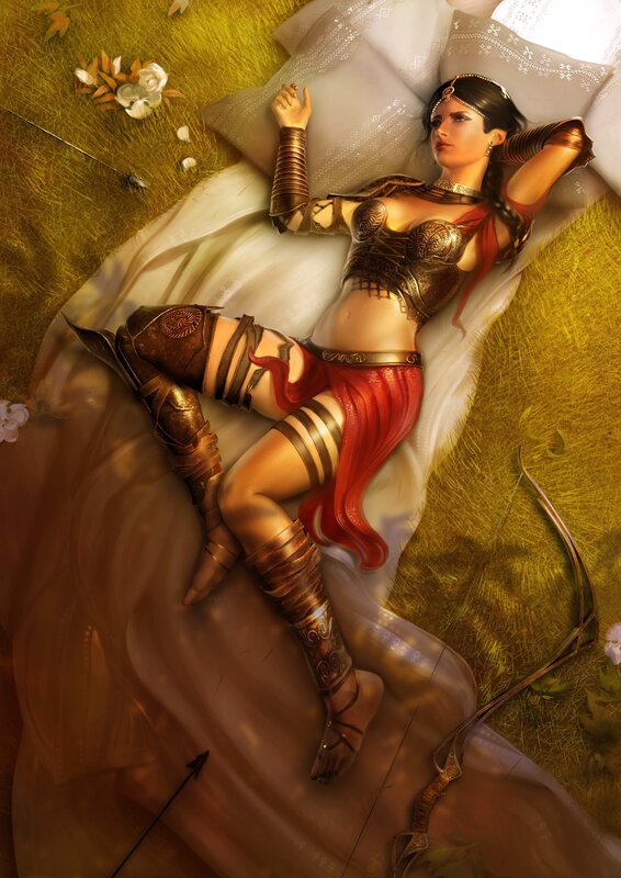 Warrior woman resting in field