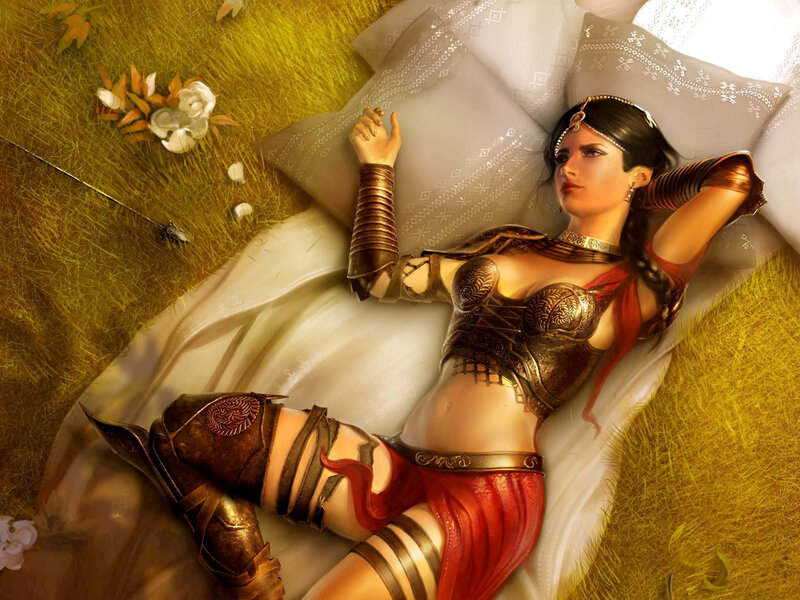 Warrior woman resting in grass