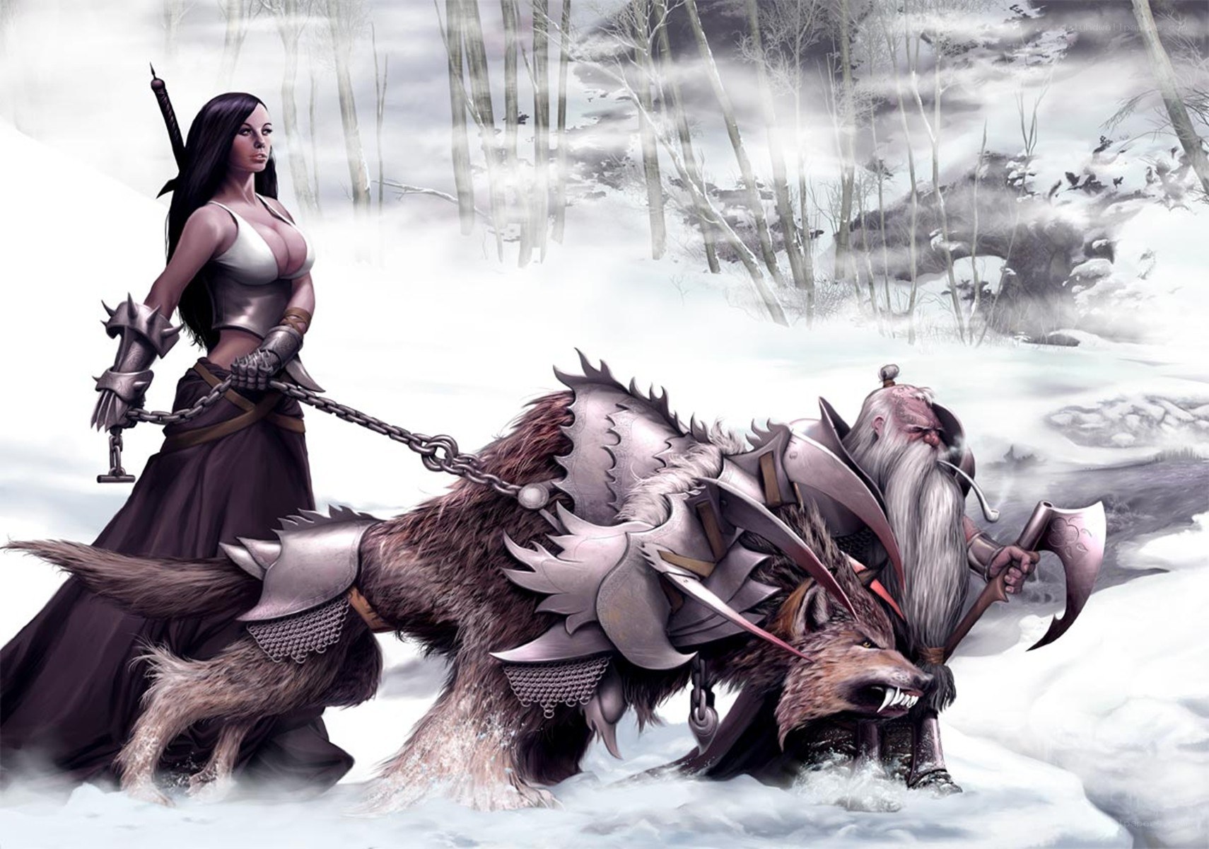 Warrior woman with armored wolf