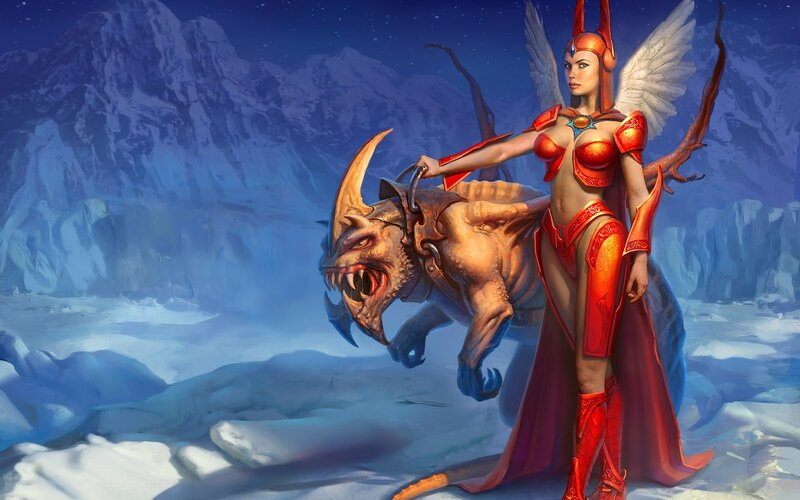warrior woman with beast in snow