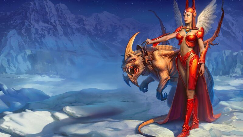 Warrior woman with beast in snow
