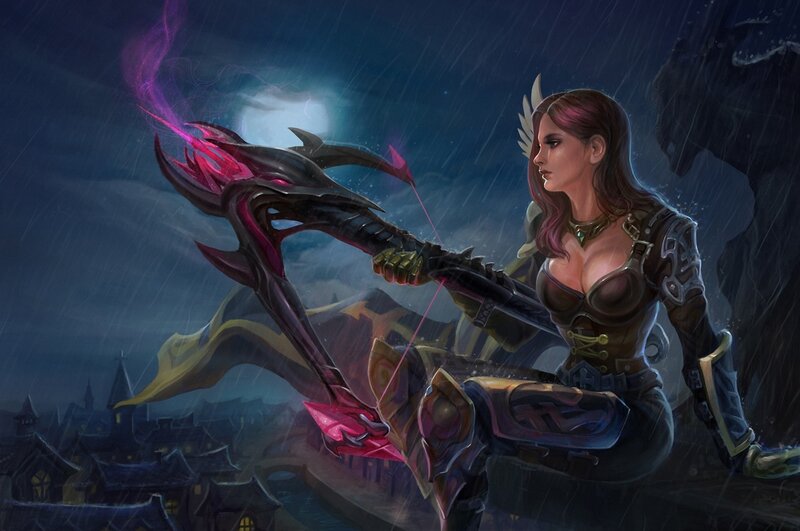 Warrior woman with bow in storm