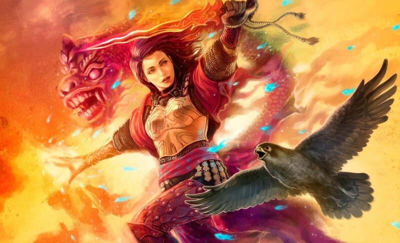 warrior woman with dragon and falcon