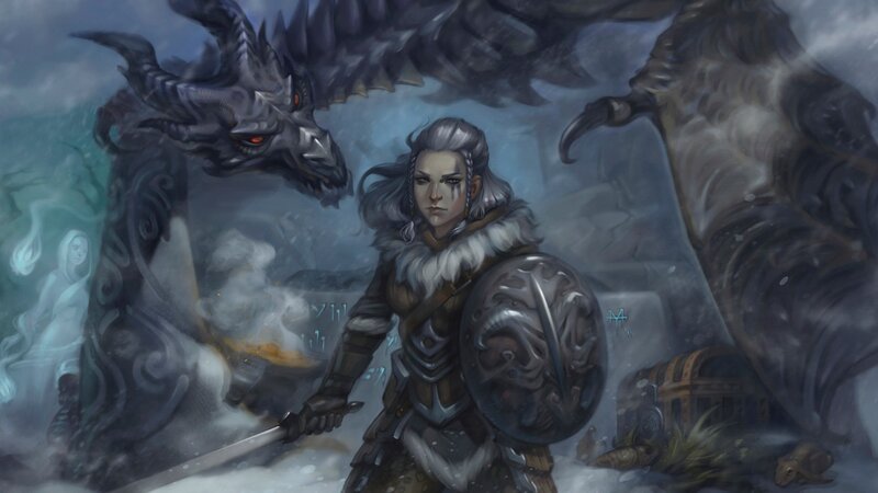Warrior Woman with Dragon — Gray, Dramatic