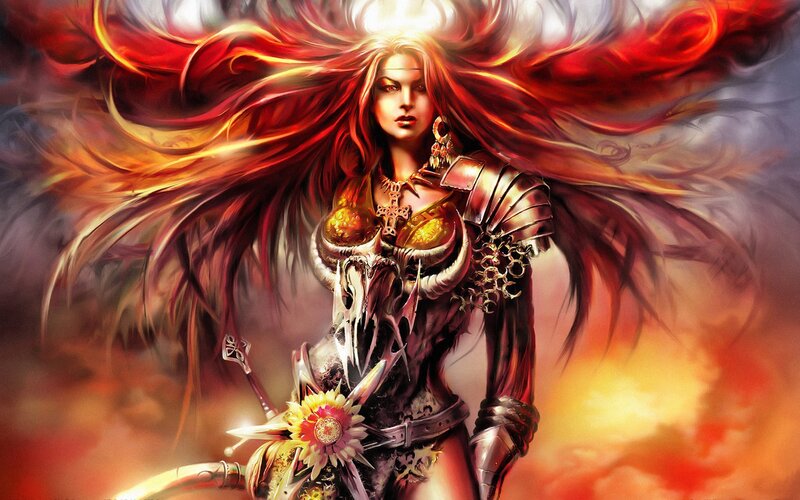 Warrior woman with fiery hair