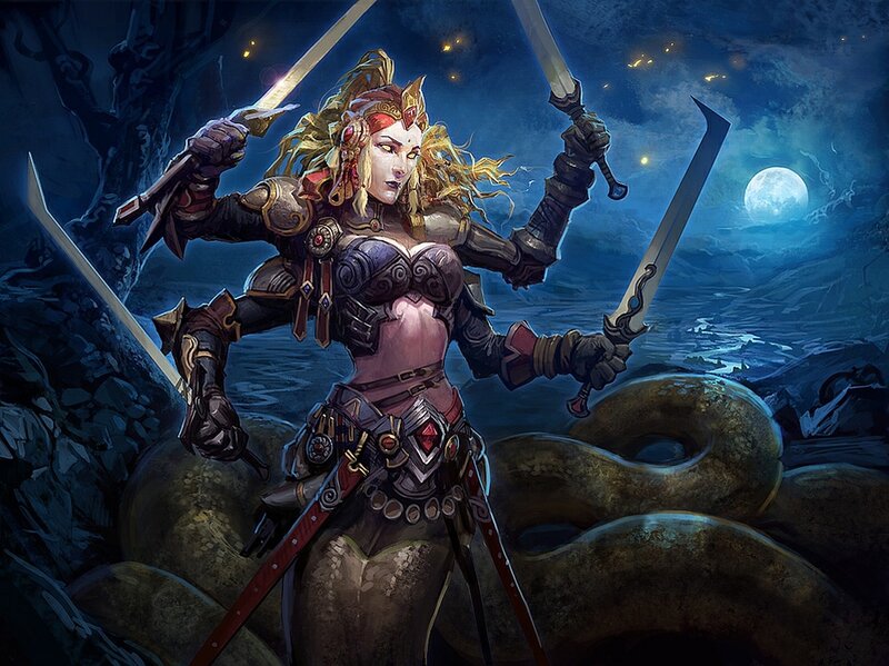 Warrior woman with four swords