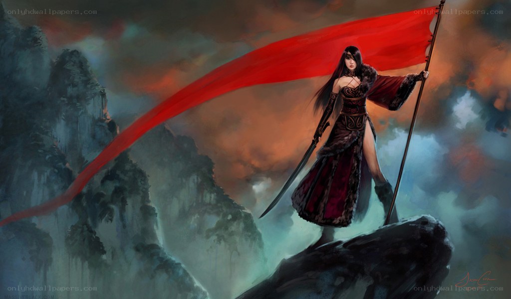 warrior woman with red flag
