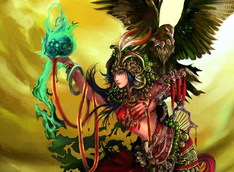 Warrior woman with skull and bird