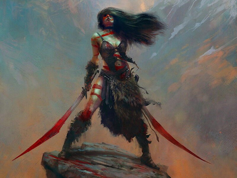 Warrior Woman with Swords — Red, Dramatic