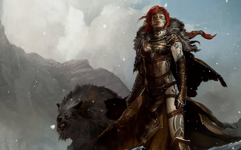 Warrior Woman with Wolf — Brown, Dramatic