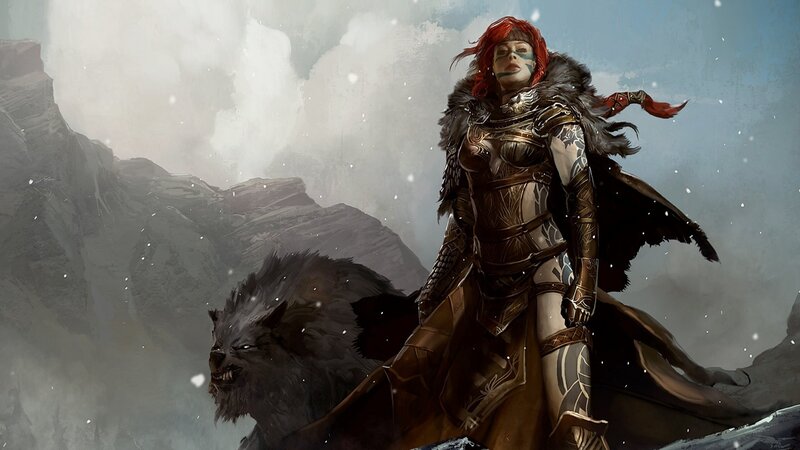 Warrior Woman with Wolf — Brown, Dramatic, Winter