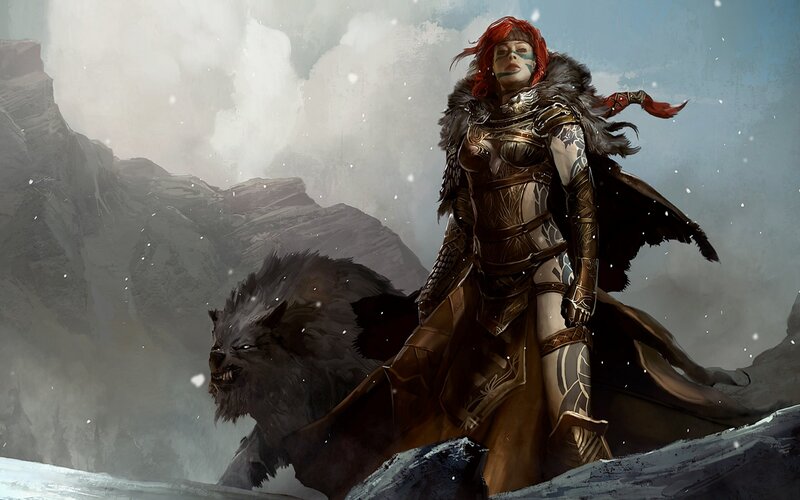 warrior woman with wolf companion
