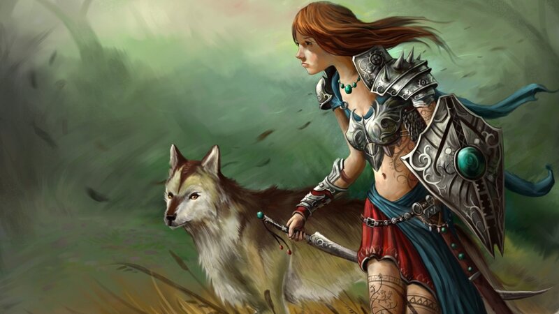 warrior woman with wolf companion