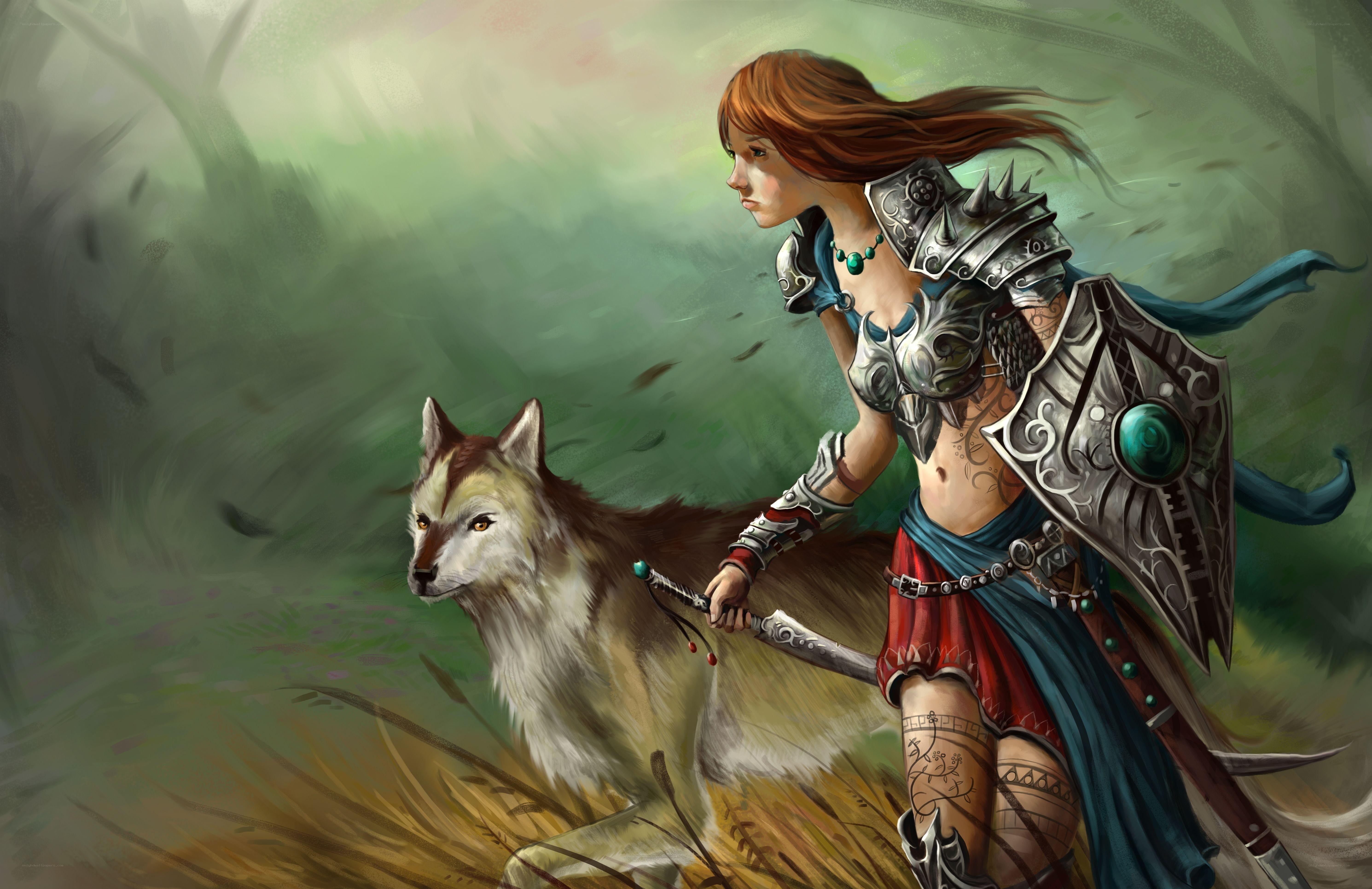 Warrior woman with wolf companion