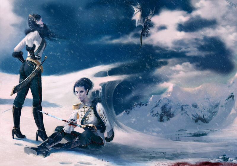 Warrior women in a snowy landscape