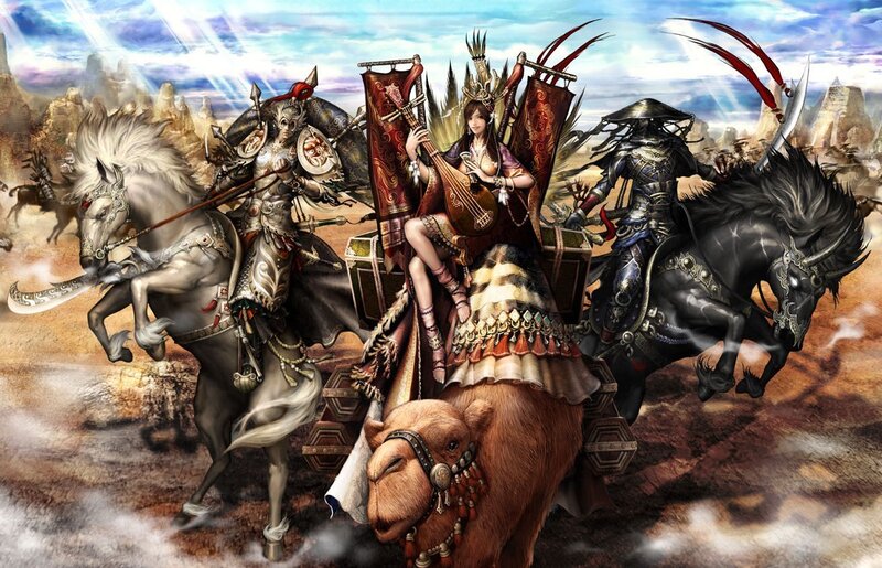 Warriors and musician on horseback