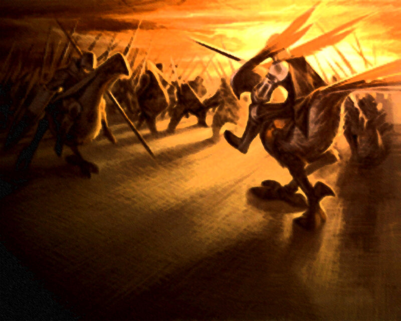 Warriors charging at sunset