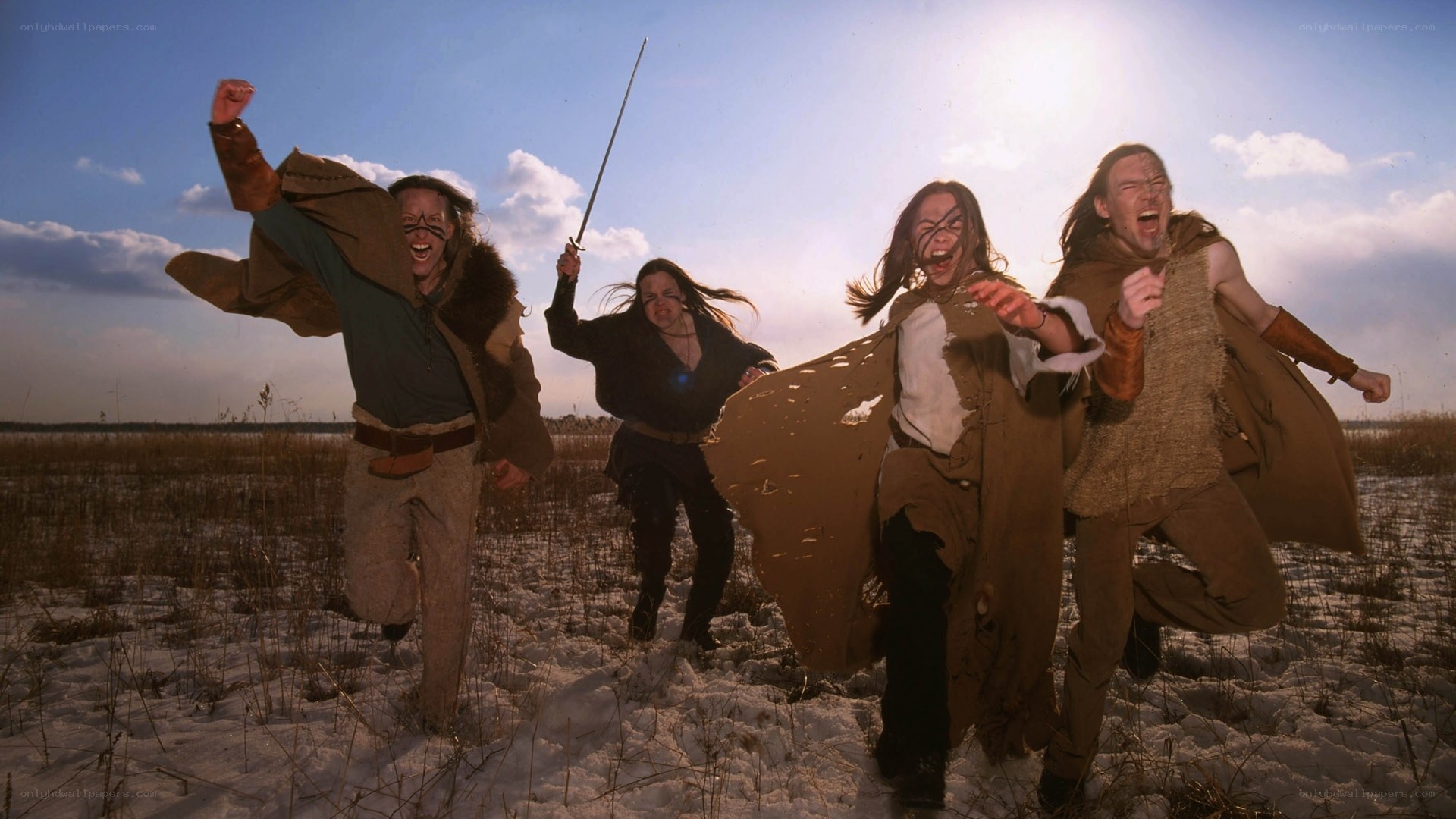 Warriors charging in snowy field