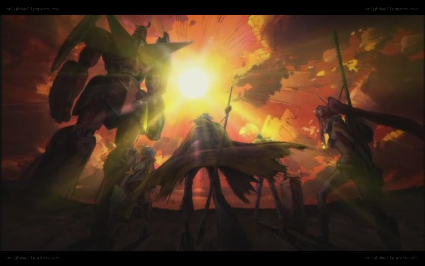 Warriors face giant robot at sunset