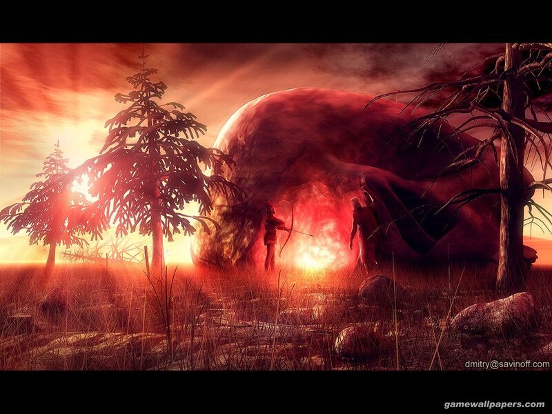 Warriors facing a giant skull