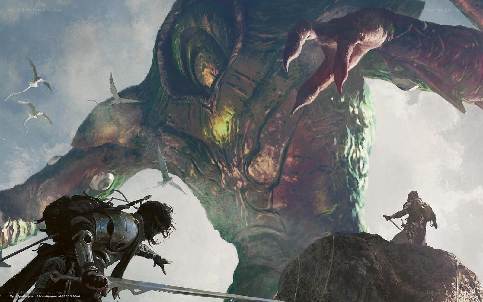 Warriors facing giant monster