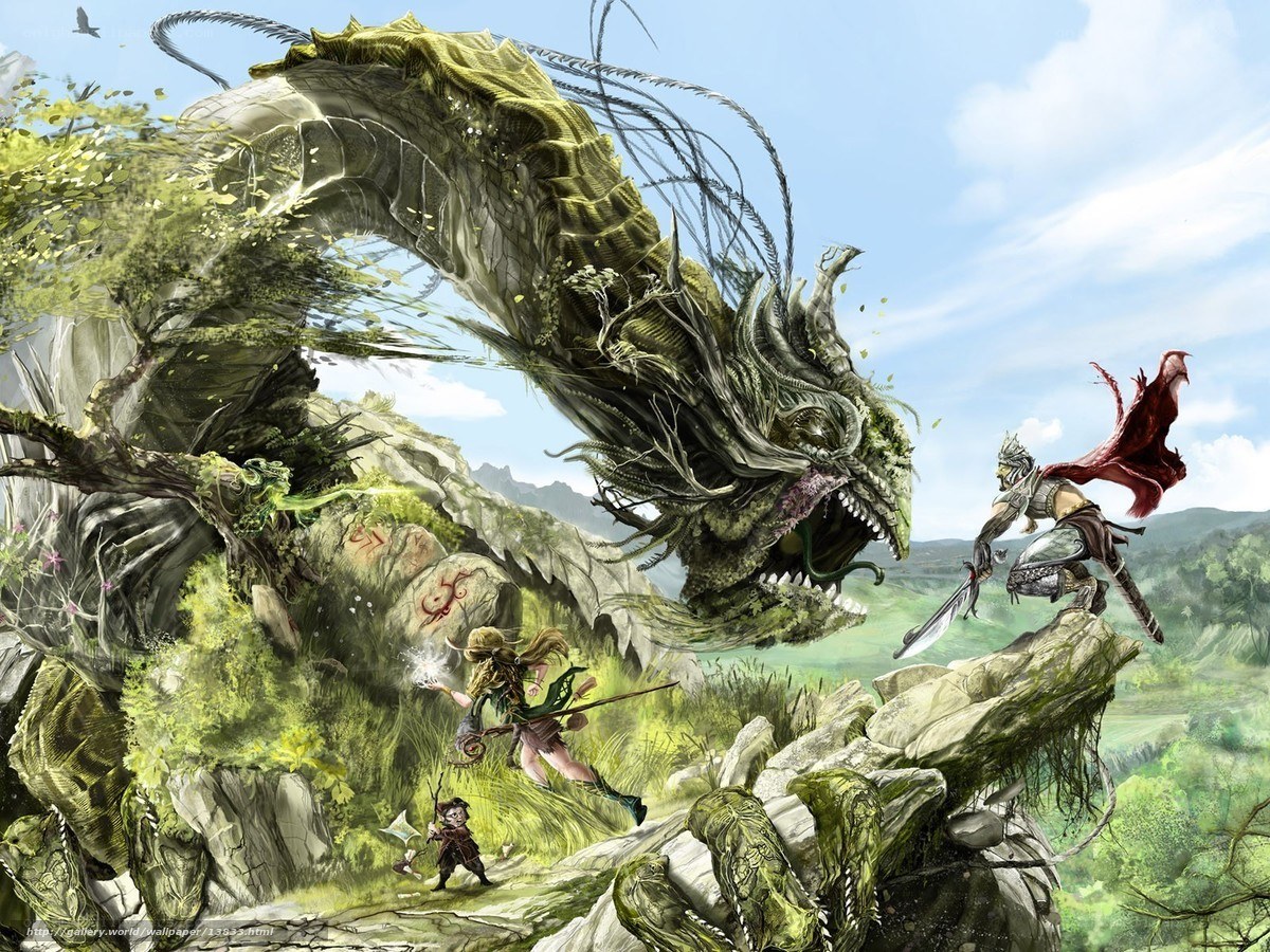 Warriors fight a forest dragon