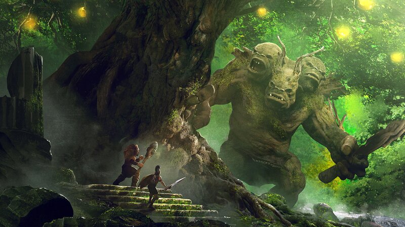 Warriors Fighting Tree Monster